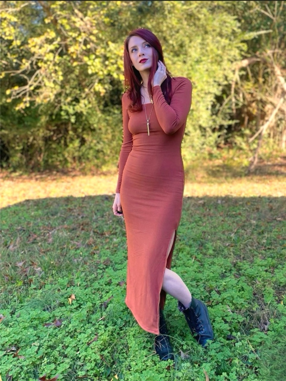 Ribbed Rust Long Sleeve Rust Bodycon Maxi Dress with Side Slit Fall Vibes